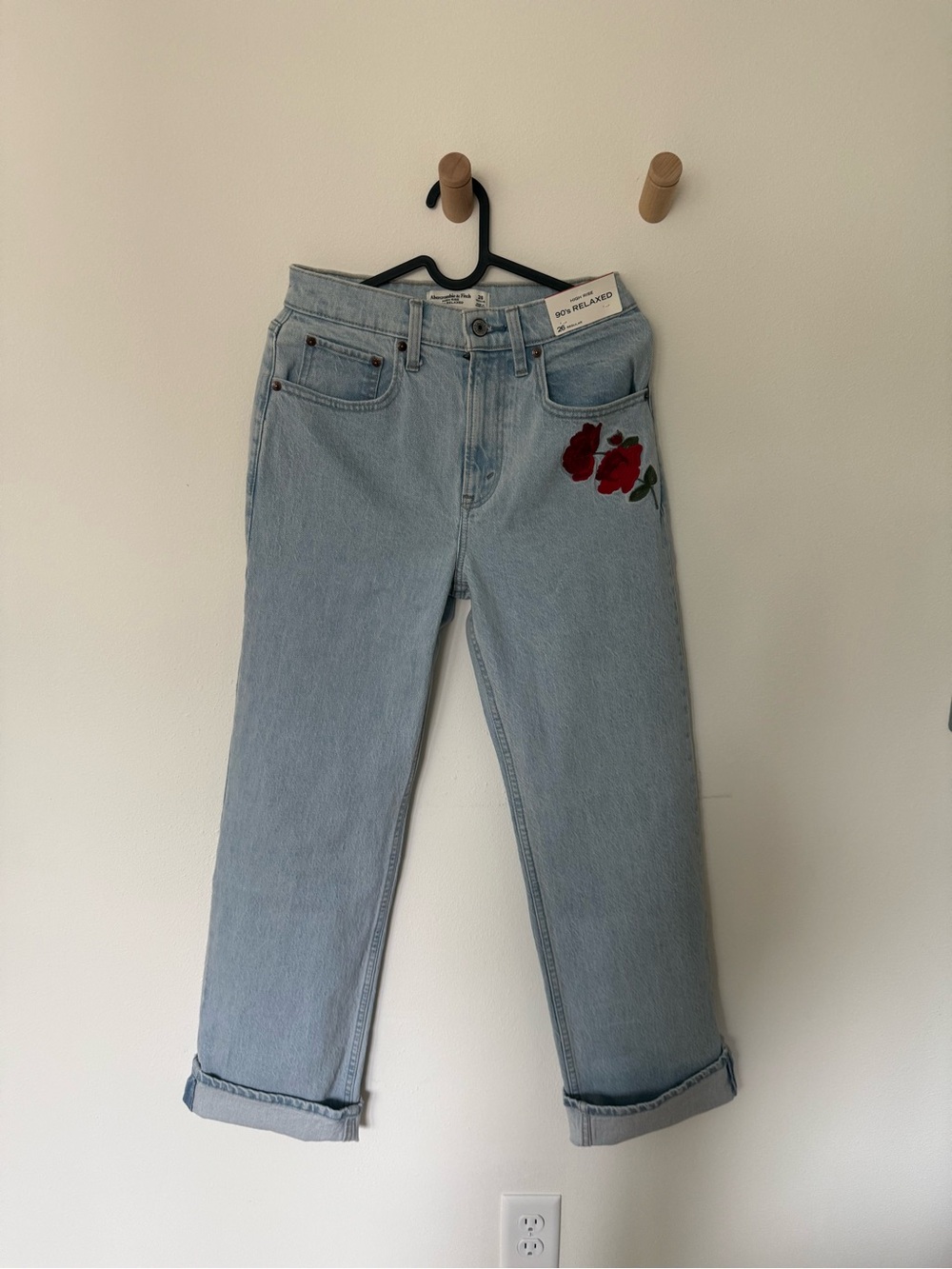 Abercrombie & Fitch Light Blue Boyfriend Jeans with Red Rose Patch